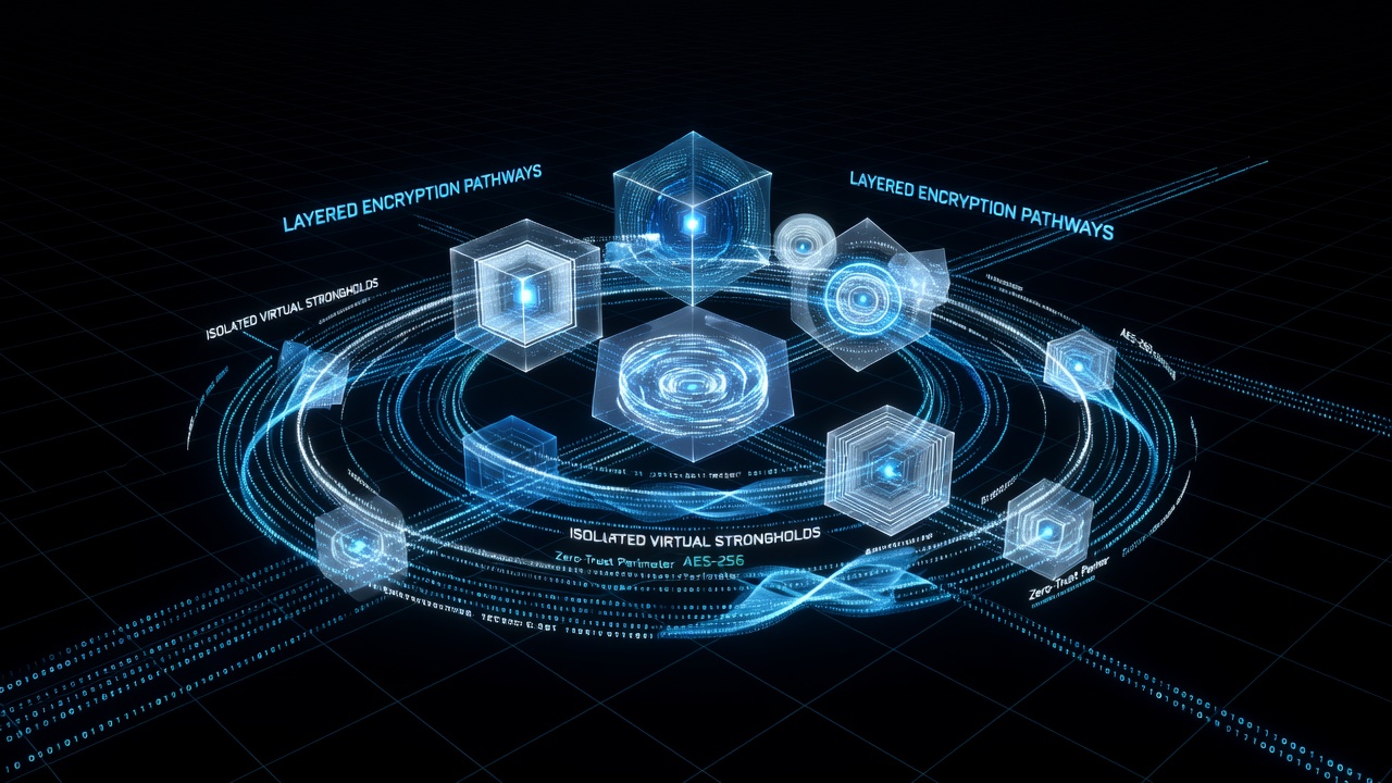Illustration of encryption layer transitions within a virtual stronghold network environment